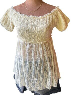 Intimately Free People Smocked Lace Shirt Beige Cottagecore Fairycore Y2K Size S